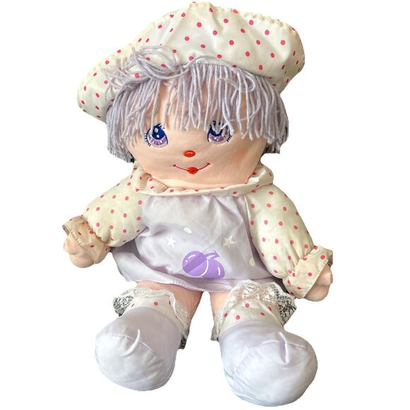 Vintage DOLLY MINE Plush Doll Purple Dress Eyes Hair Cherries Pink Dots 22" - Picture 5 of 10